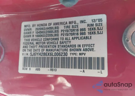 2006 Honda Element Ex z USA, uszkodzony, nr VIN 5J6YH286X6L006230